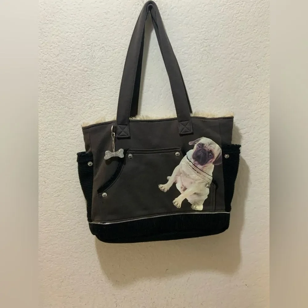 Fuzzy Nation Pug T-shirt Tote in Light Grey color w/ Faux Fur